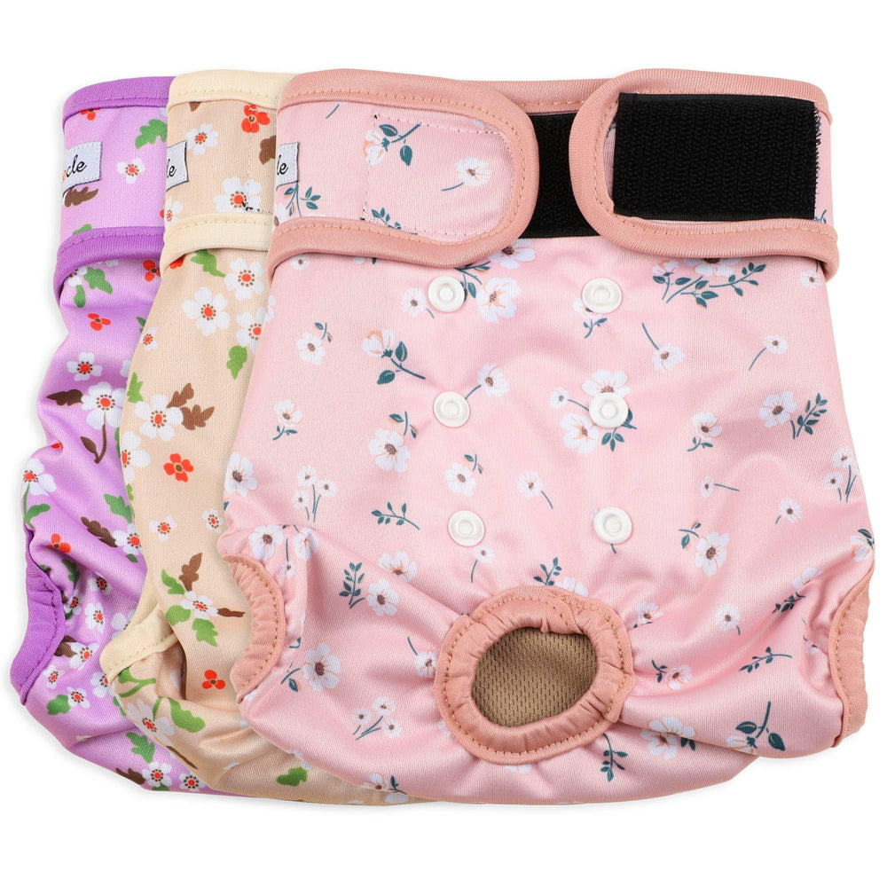 Grecle female dog diapers with a flowers design offer comfortable daily wear for dogs.