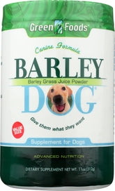 Green Foods Barley Dog bottle shows 11oz size for easy daily dosing.