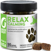 Green Gruff calming chews dog-bottle shows a full container for on-the-go stress relief.