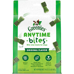 Greenies Anytime Bites packaging showcases a resealable bag for daily rewards