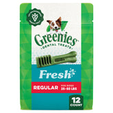 Greenies dental treats regular-size package mint flavor for daily oral care.