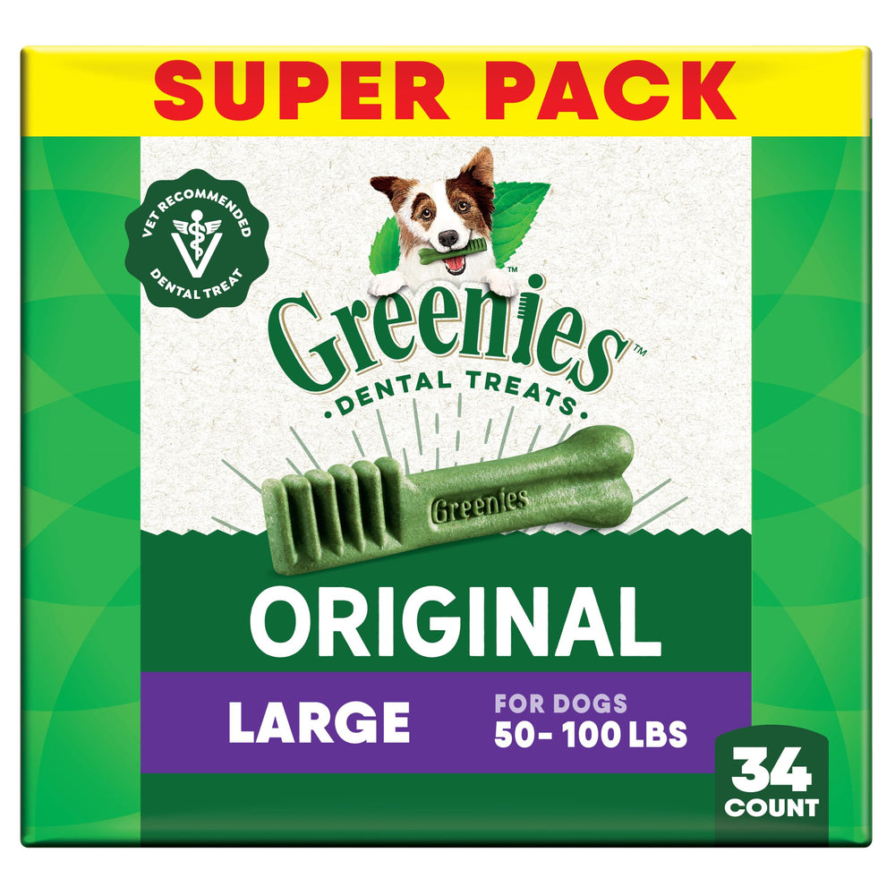 Greenies dog dental treat large original front-pack shows daily dental care ready