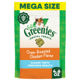 Greenies Feline Dental Treats oven-roasted chicken bag demonstrates daily dental care support.