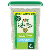 Greenies feline dental treats tub front for vet-recommended daily cat dental care.