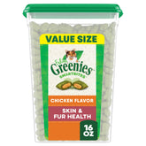Greenies Feline Smartbites tub with chicken flavor offers skin and fur support as daily treats.