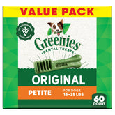 Greenies original dental dog treats packaging front promotes canine dental care for plaque and tartar control.