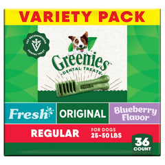 Greenies original flavor packaging showcases vet-recommended dental care for dogs.