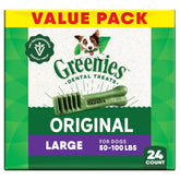 Greenies Original Large Dental Treats pack shown, supports daily oral care for dogs.