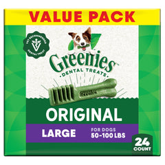 Greenies Original Large Dental Treats pack shown, supports daily oral care for dogs.