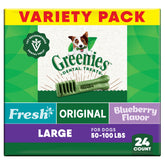 Greenies original dental treats pack front—vet-recommended daily dental care.