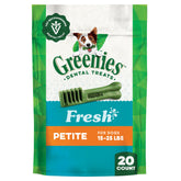Greenies Petite front-pack shows veterinarian-recommended oral-care chews.