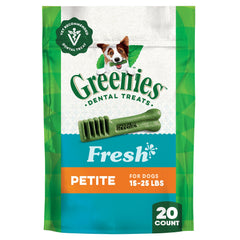 Greenies Petite front-pack shows veterinarian-recommended oral-care chews.