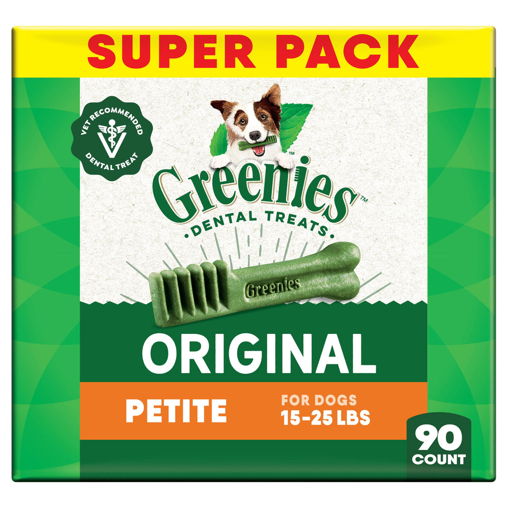 Greenies petite original dental treat packaging shown with a 90-count jar for daily dental care.