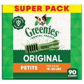 Greenies petite original dental treat packaging shown with a 90-count jar for daily dental care.