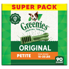 Greenies petite original dental treat packaging shown with a 90-count jar for daily dental care.