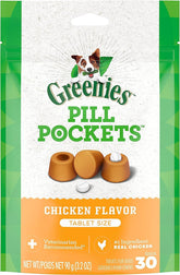 Greenies Pill Pockets chicken tablet-size packs for easy medicine administration.