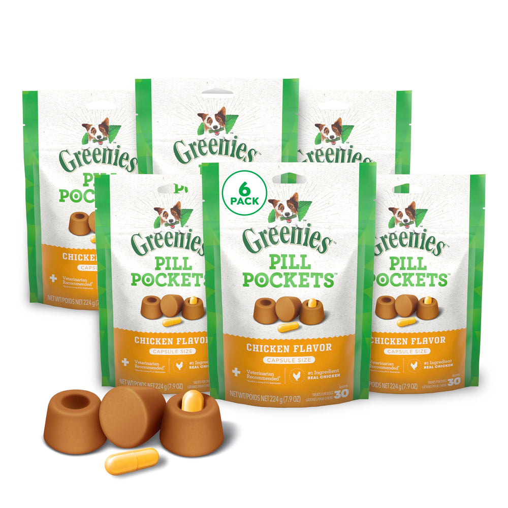 Greenies Pill Pockets dog treats front-pack shows chicken flavor for easy dosing