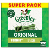 Greenies Teenie original front-pack image showing small-dog dental care and breath support.