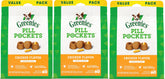 Greenies Pill Pockets dog treats with chicken, three-pack packaging for easy dosing.
