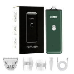 Grimgrow clipper front view highlights cordless, low-noise operation for calm home grooming.