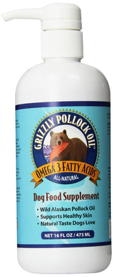 Grizzly Pollock Oil dog bottle promotes healthy skin and coat.