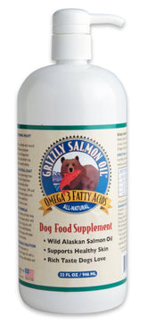 Grizzly Salmon Oil 32oz bottle pour demonstrates easy serving over dog food for balanced nutrition.