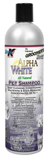 Groomer's Edge Alpha White Shampoo 16oz bottle for whitening white coats.