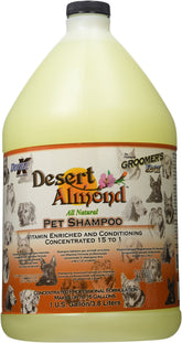 Groomer's Edge Desert Almond Shampoo bottle highlights vitamin enrichment and gentle cleansing.