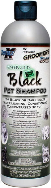Groomers Edge Emerald Black shampoo bottle, 16 oz, ideal for at-home pet baths.