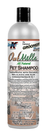 Groomer's Edge Oat-Mella shampoo bottle with soothing colloidal oatmeal for gentle cleansing.