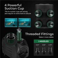 GROWNEER 550GPH pump with suction cups stays secure in aquariums and ponds