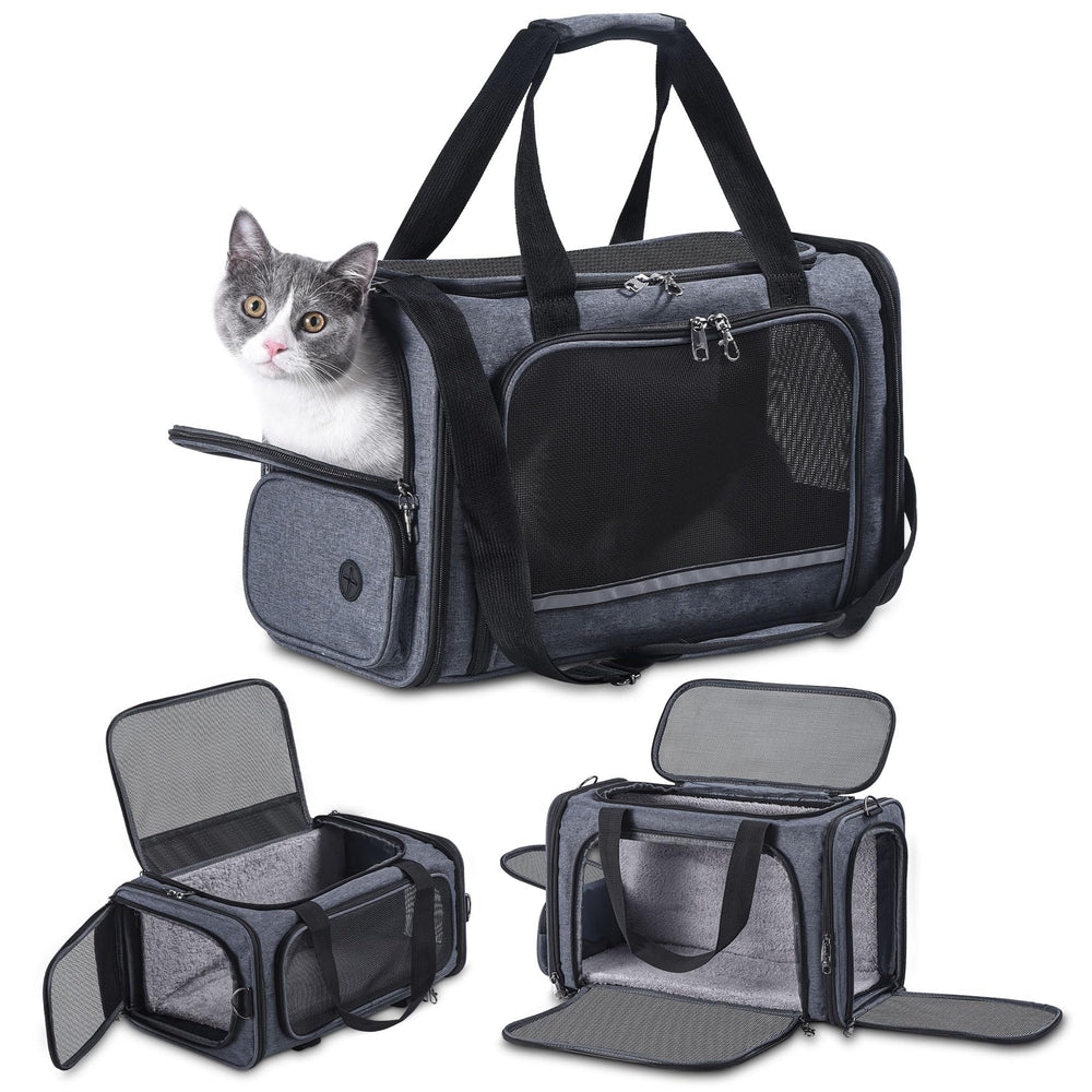 Groxkox cat carrier under-seat closed, ideal for airline cabin travel.