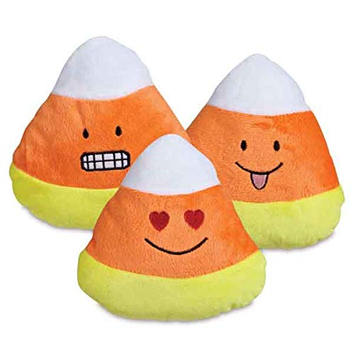 Grriggles Emoji Candy Corn Plush Dog Toy set—soft, playful Halloween companions for interactive fetch and cuddle.
