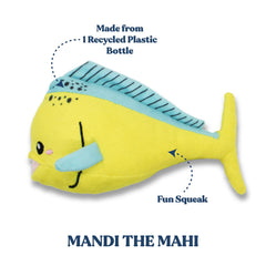 GRRREEN Mandi Mahi jumbo toy, side view, reinforced stitching for lasting fun.