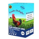 Grubs Delight bag of dried BSFL for protein-packed poultry treats.