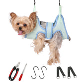 Guzekier pet grooming hammock harness overview demonstrates calm, controlled at-home grooming
