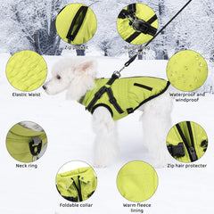 Gyuzh dog coat with built-in harness simplifies on/off during outdoor adventures.