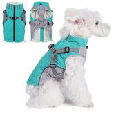 Gyuzh dog coat with harness built-in back view, easy on/off for snug winter walks.