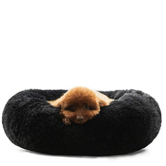 HACHIKITTY Calming Donut Cuddler bed with fluffy fur for secure curling and warm lounging