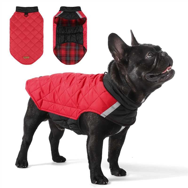 Hahbabya reversible coat front view in red and black showing secure fit.