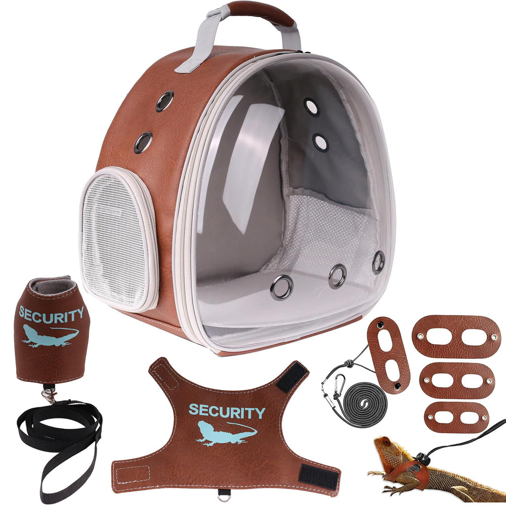 Halinfer bearded dragon carrier backpack front bubble view for safe, hands-free travel.