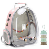 halinfer Bird Traval Carrier Backpack bubble view highlights a transparent cabin for calm bird travel.