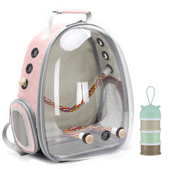 halinfer Bird Traval Carrier Backpack bubble view highlights a transparent cabin for calm bird travel.