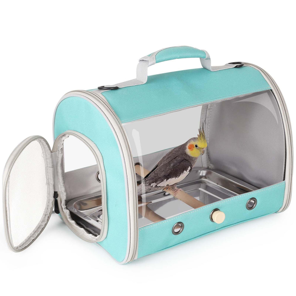 halinfer long-tail bird travel carrier with shoulder strap for hands-free transport.