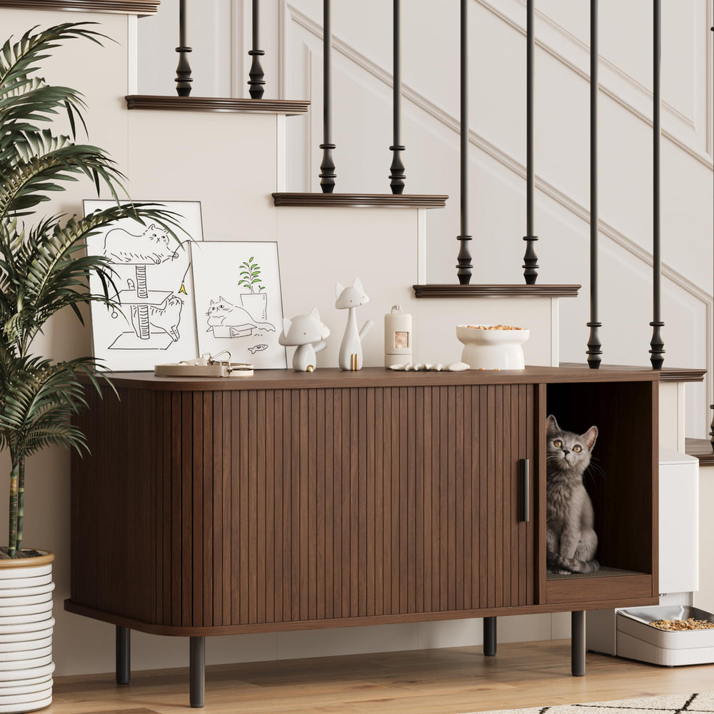 Halitaa cat litter enclosure front view in walnut shows sleek space-saving design