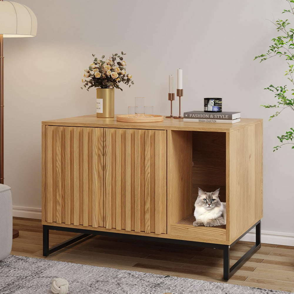 Halitaa Litter Box Enclosure front view in natural finish, a stylish space-saving cat washroom.
