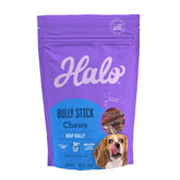 Halo Bully Stick dog chew closeup shows a natural, long-lasting dental-chew texture.