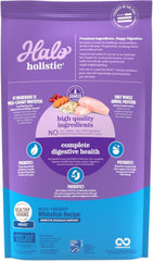 Halo Holistic whitefish first-ingredient kibble closeup highlights protein-rich bites for energy and muscle support.