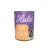 Halo Senior wet dog food can closeup highlights real chicken for a tasty senior meal.