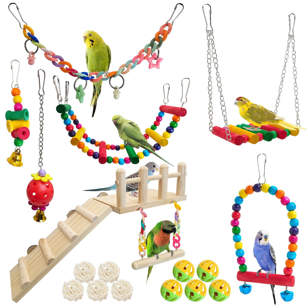 Hamiledyi 17Pcs parrot toys set assembly demonstrates engaging enrichment for energetic birds.
